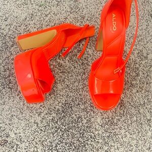 ALDO Orange Red Gloss Platform Block Heel Sandals
